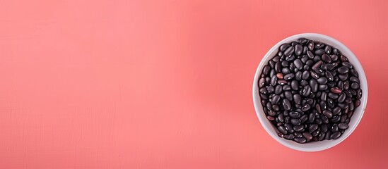 Black beans in white ceramic bowl isolated on pastel background. Spilled beans. with copy space image. Place for adding text or design