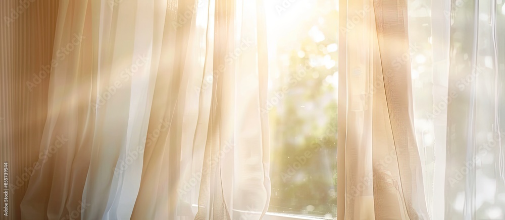 Poster sunlight in morning day through white curtain on window. with copy space image. Place for adding text or design