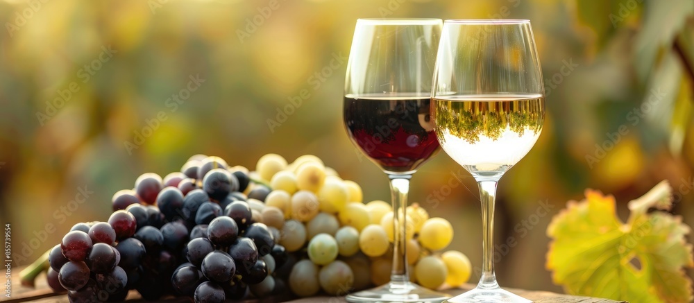 Fototapete still life with glasses of red and white wine and grapes in field. with copy space image. place for 