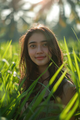 Fototapeta premium A beautiful young woman smiling in a lush green field with sunlight filtering through the trees in the background, creating a serene and peaceful natural setting