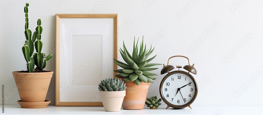 Aufkleber Succulents or cactus in clay pots over white background on the table with the clock and picture frame. with copy space image. Place for adding text or design