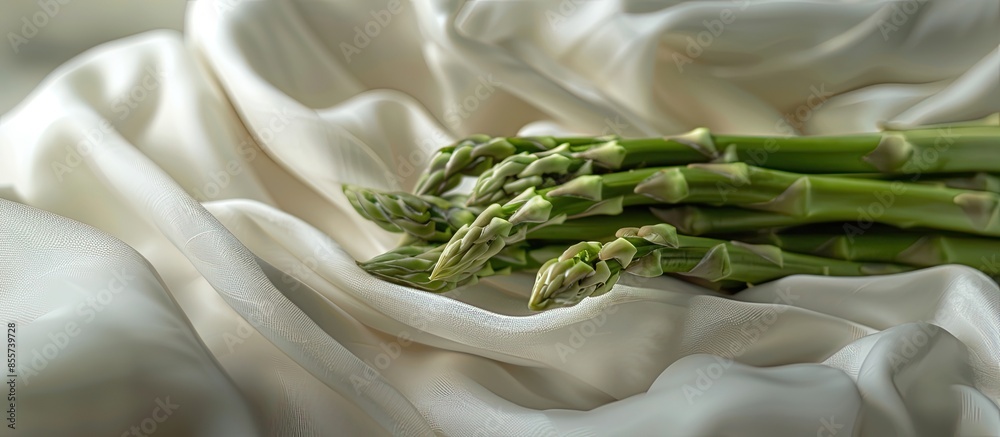 Poster Horizontal close up shot of a bundle of asparagus over a white fabric pastel background. with copy space image. Place for adding text or design