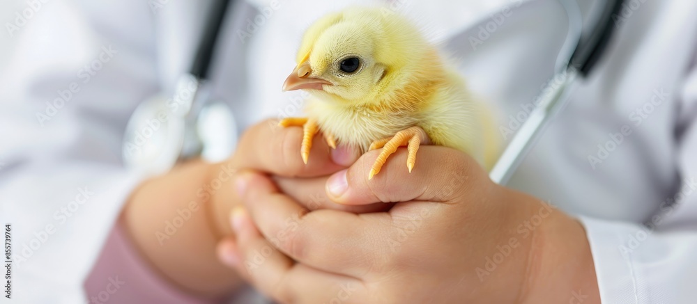 Aufkleber vet checks the health of the little yellow chick isolated on white background. copy space image. pla
