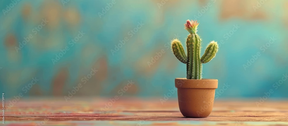 Poster A small cactus in a brown pot looks like a person with raised arms. with copy space image. Place for adding text or design