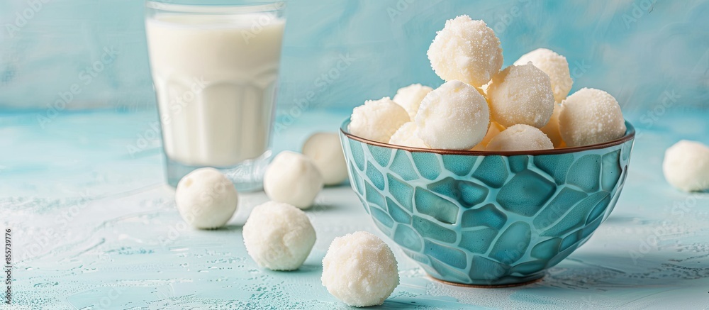 Aufkleber Mozzarella cheese balls in bowl and glass of milk on pastel background. with copy space image. Place for adding text or design
