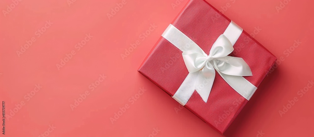Poster red gift box decorated with satin white bow isolated on pastel background. with copy space image. pl