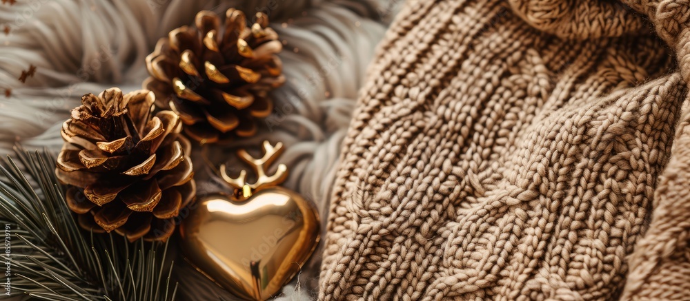 Poster knited sweater, pine cones, golden heart and reindeer over cozy and fur carpet. top view. with copy 