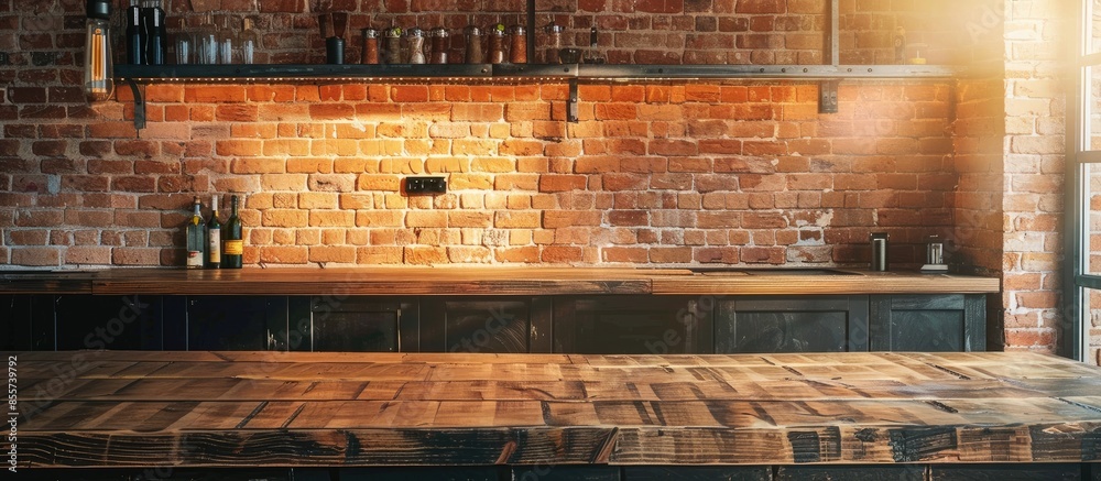 Aufkleber Empty space on the kitchen counter and brick wall. with copy space image. Place for adding text or design