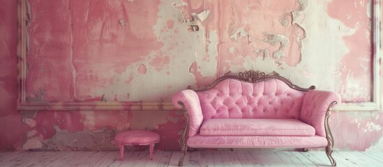 Oldies-style sofa and table furniture but with a touch of casual pink color so that it brings comfort. with copy space image. Place for adding text or design