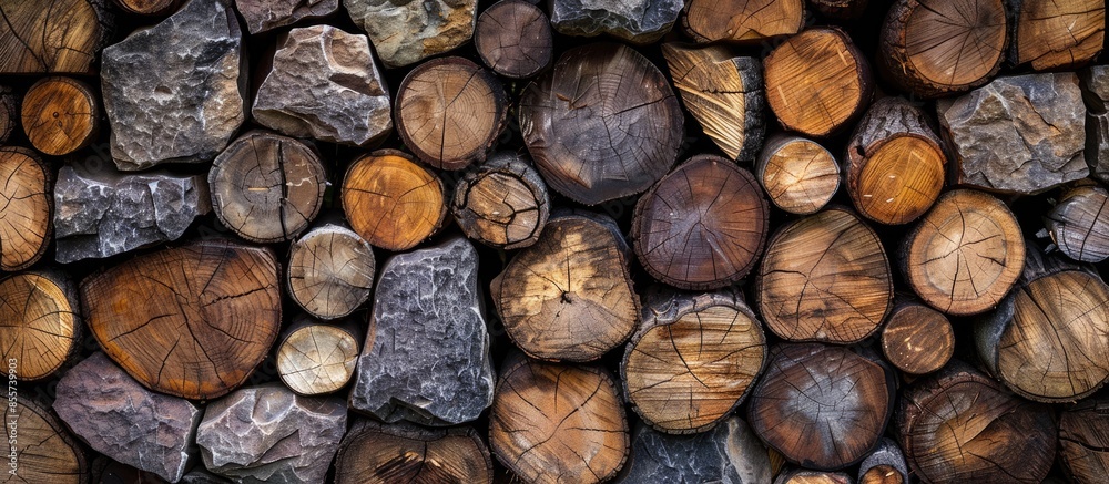 Aufkleber many wood pile and stone texture of wall for wallpaper. with copy space image. place for adding text