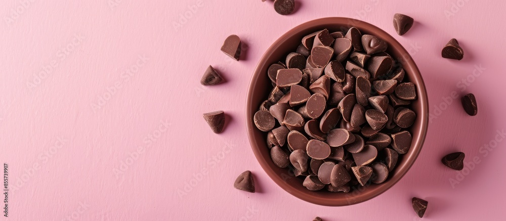 Aufkleber A Bowl of Chocolate Nibs Isolated on a pastel background. with copy space image. Place for adding text or design