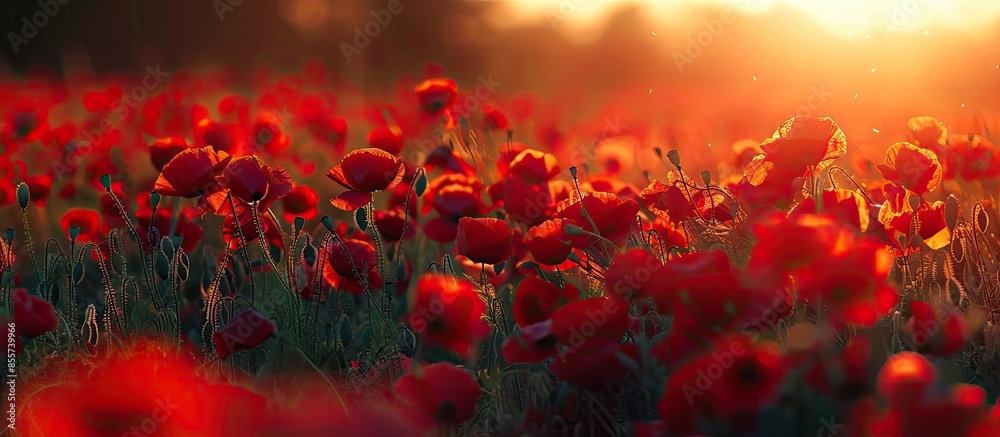 Fototapete red poppy field at sunset. copy space image. place for adding text or design