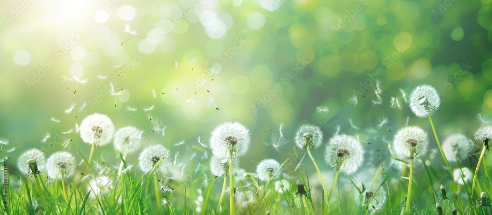 Aufkleber Dandelion flowers in the fresh green grass. pastel background. with copy space image. Place for adding text or design