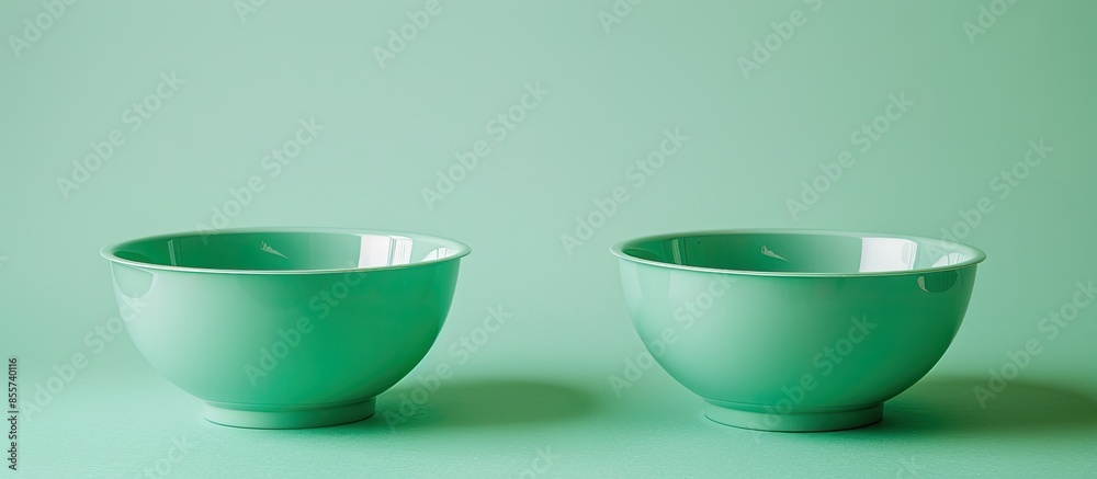 Poster Green plastic bowls Isolated on pastel background  Design. with copy space image. Place for adding text or design