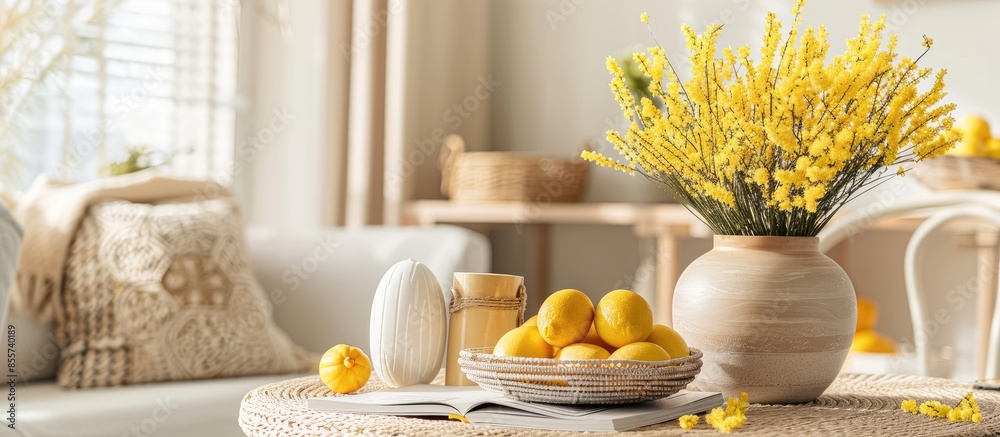 Poster Vases with beautiful Easter decor, mimosa flowers and magazines on table in room. with copy space image. Place for adding text or design
