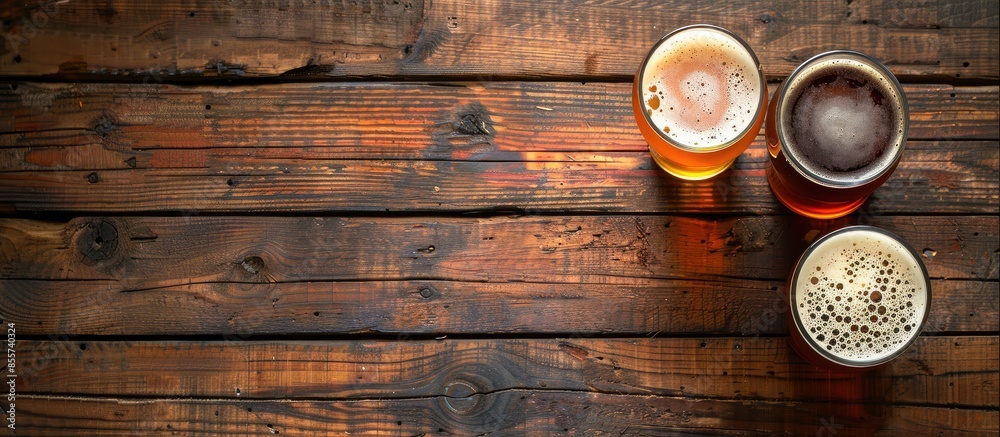 Poster beer and burgers on wooden table. Copy space image. Place for adding text or design