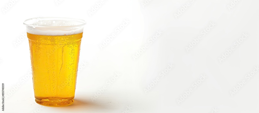 Poster Yellow beer in a plastic disposable cup to go isolated on white background. with copy space image. Place for adding text or design