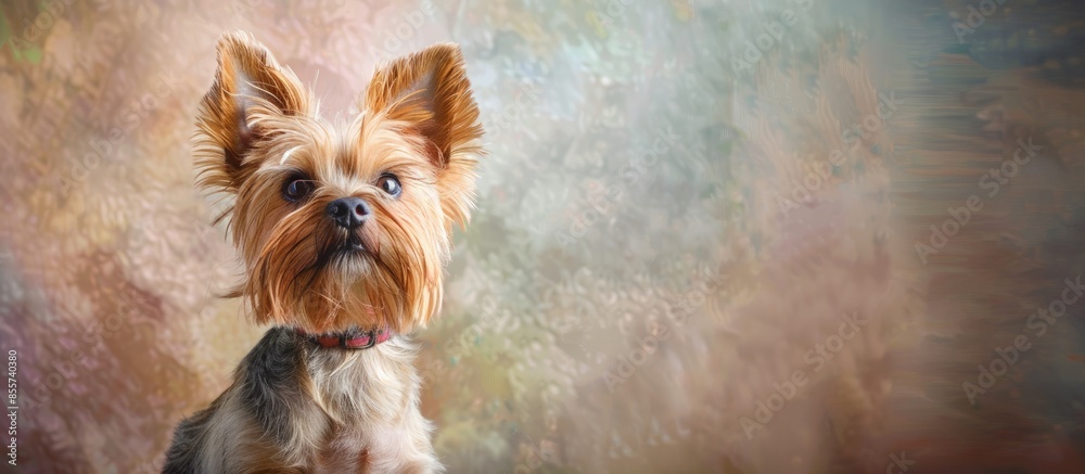 Poster Portrait of a Yorkshire Terrier in the studio. pastel background. with copy space image. Place for adding text or design