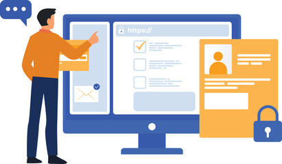 The boy is looking at the monitor screen.