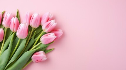 Beautiful Pink Tulips With Green Stems Laying On A Pink Surface, Perfect For Floral And Spring Themes. Generative AI