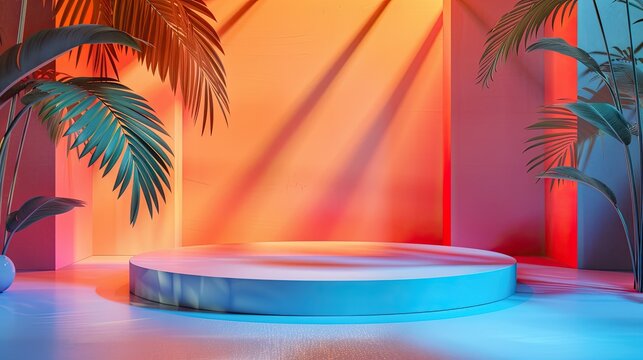 empty tropical podium stage with colorful lighting and lush plants, perfect for summer events and lively presentations