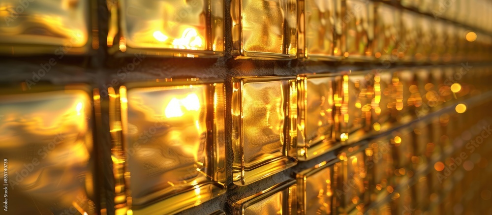 Poster uneven golden light reflects through glass block wall. with copy space image. place for adding text 