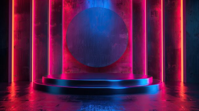 Neon podium stage with circular backdrop and dark ambiance perfect for futuristic events and high tech displays