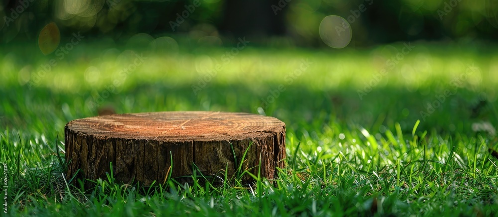 Poster wooden texture, piece of cut wood on grass. with copy space image. place for adding text or design