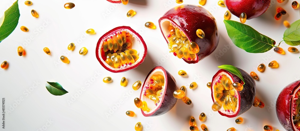 Fototapete whole and sliced ripe passion fruit in the air on a white background. with copy space image. place f