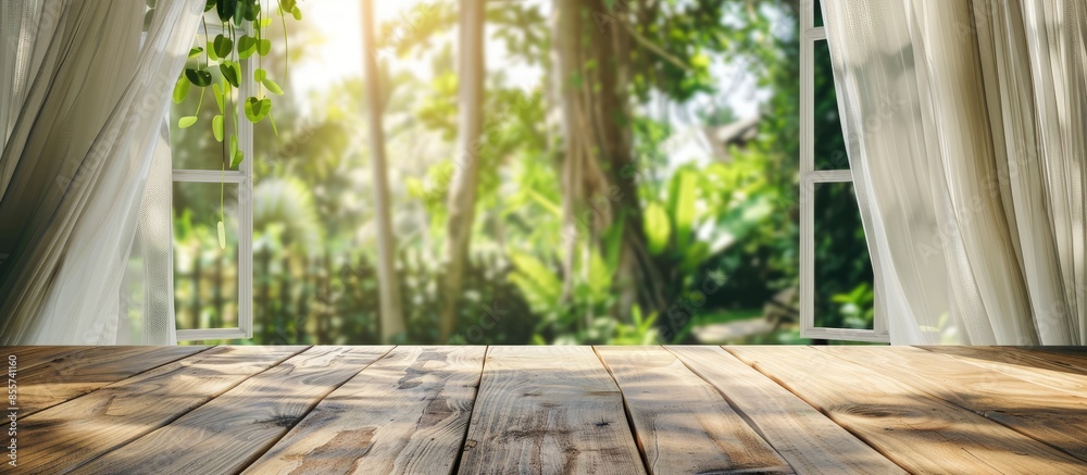 Poster Empty wood table top with blur white curtain window and green garden background for product display template. with copy space image. Place for adding text or design