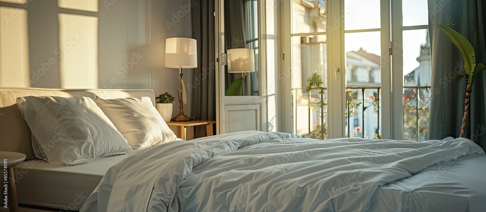 Poster comfortable bed with white bedclothes and bedside table with lamp placed near window and balcony doo