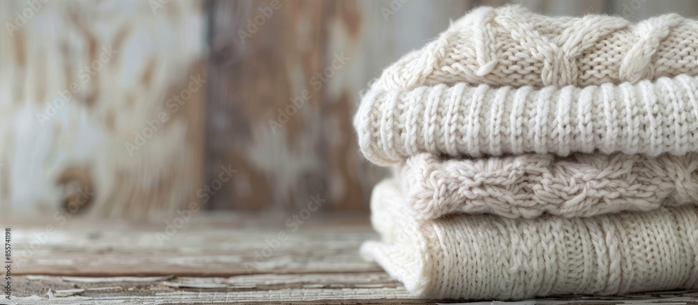 Poster knitwear closeup, stack of white sweaters on old rustic background, pastel colors. with copy space i