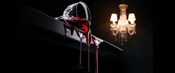 A luxurious and dramatic image of a red wine cascading down from a crystal wine glass onto a sleek black background. The wine drips down in slow motion.