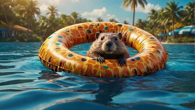 Cute beaver swims in an inflatable ring at sea