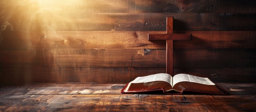 the wooden cross over opened bible on wooden table with window light, vintage tone. Copy space image. Place for adding text or design