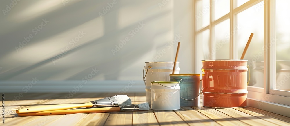 Aufkleber Cans of paint and decorator tools on wooden floor indoors. Space for text. with copy space image. Place for adding text or design
