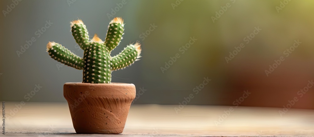 Aufkleber A small cactus in a brown pot looks like a person with raised arms. with copy space image. Place for adding text or design