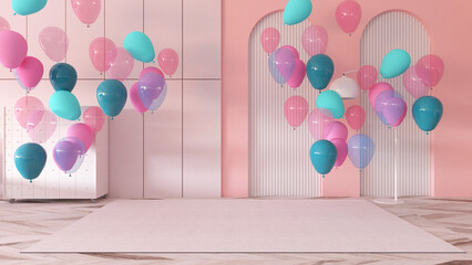 Colorful balloons flying in the room. 3D illustration, 3D rendering	