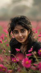 Naklejka premium Serene Beauty Amidst Pink Blossoms A Young Woman Poses in a Field of Vibrant Flowers, Exuding Tranquility and Radiance