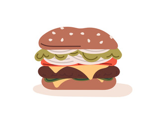 Hamburger, unhealthy junk fast food meat cutlet, hamburger sandwich with double cheese, american snack, beef onion food meal isoalated on white background flat vector illustration.
