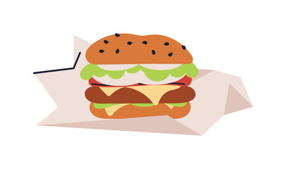 Hamburger, unhealthy junk fast food meat cutlet, hamburger sandwich with double cheese, american snack, beef onion food meal isoalated on white background flat vector illustration.
