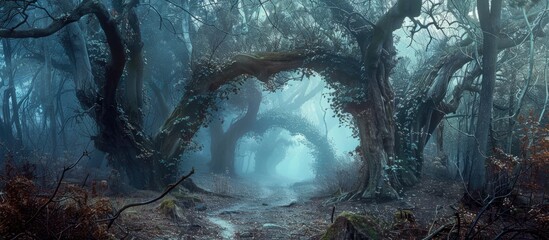 into the deep woods, atmospheric landscape with archway and ancient trees, misty and foggy mood. with copy space image. Place for adding text or design