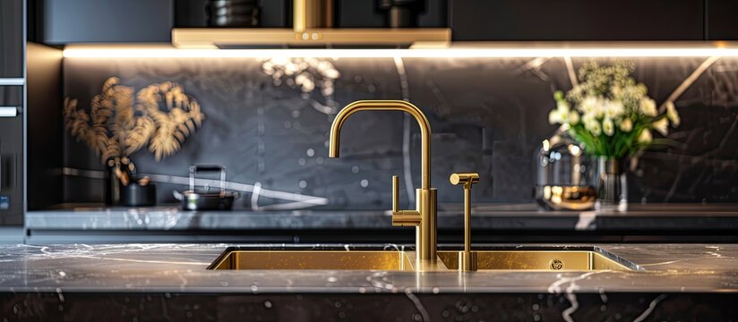 Luxurious interior square golden brass sink and faucet double tap mixer in contemporary modern design with stone marble stoneware countertop black and gold kitchen with sandwatch and glass pot