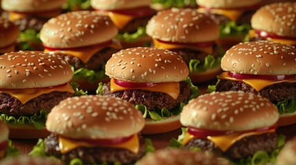 Obraz premium Close-up of Delicious Cheeseburgers with Sesame Seed Buns