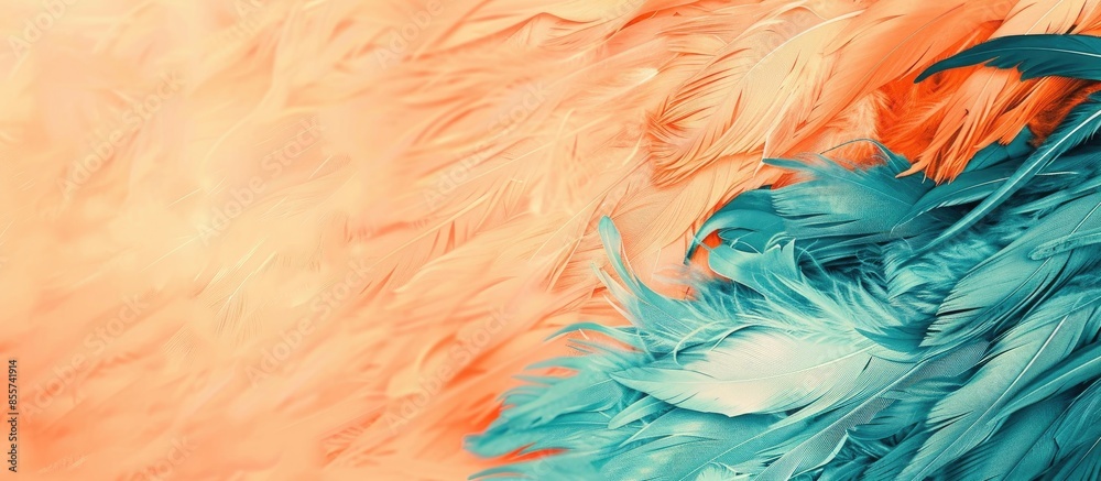 Poster Green turrquoise and blue color trends chicken feather texture background,Light orange. Copy space image. Place for adding text or design