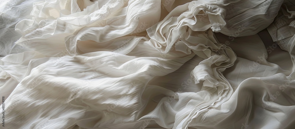 Poster Untidy bed, ruffled sheets. with copy space image. Place for adding text or design