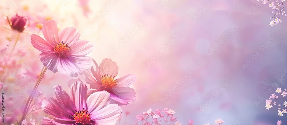 Poster pink cosmos flowers pastel background flower summer. with copy space image. place for adding text or