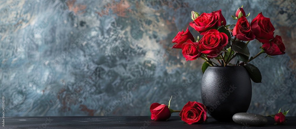 Poster bouquet of crimson spray roses in black vase and pebble on black wooden table against grey wall. wit