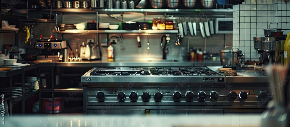 Poster View of empty restaurant kitchen with professional equipment and products. Copy space image. Place for adding text or design