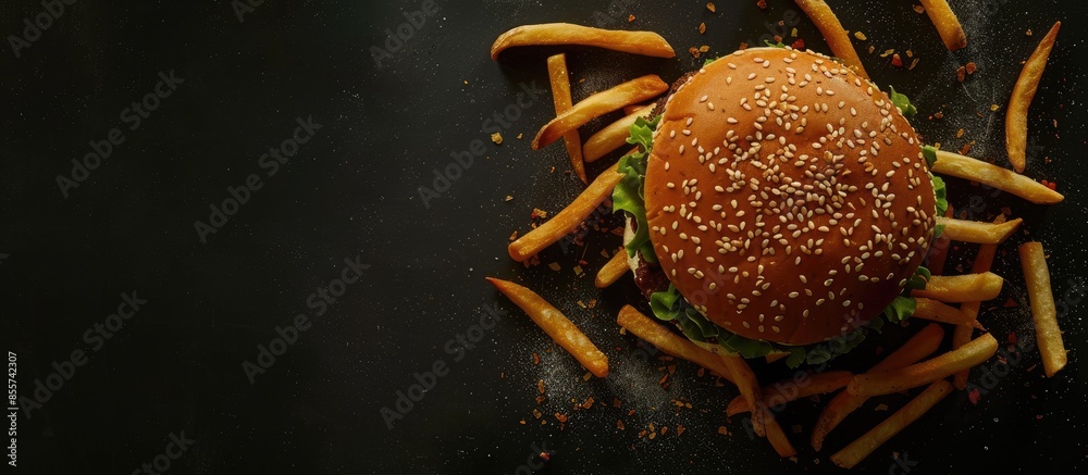 Fototapete burger with french fries on a dark background. with copy space image. place for adding text or desig